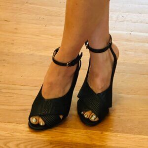 FENDI Black Quilted Leather Heels with Peep Toe & Ankle Strap